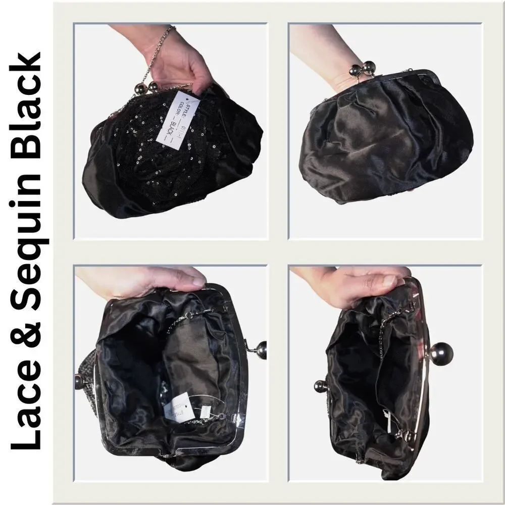 NWT Black Satin Lace & Sequin Rose Clutch Kiss Lock Holiday Evening Cottagecore